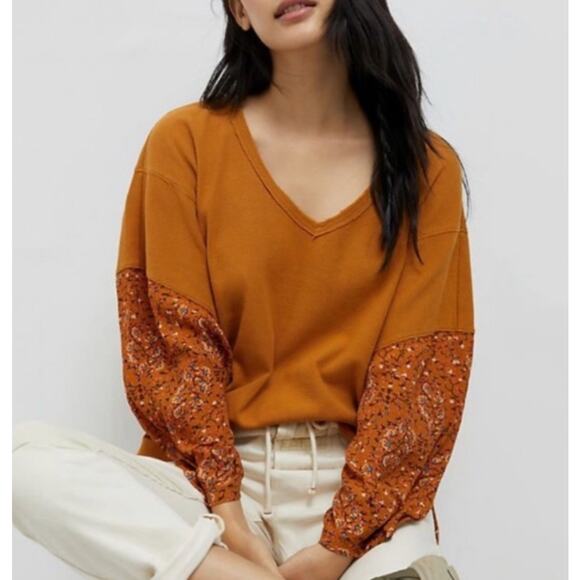 Anthropologie Tops - ANTHROPOLOGIE Annette Floral Sleeve Thermal Top Size Small $88 MSRP Gold Orange